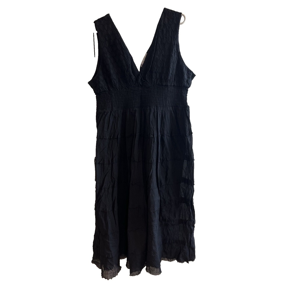 Jessica Taylor 100% Cotton Smocked Midi Dress‎ Black V Neck 2X Style GC-20